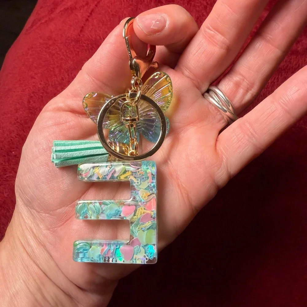 Letter E Resin Keychain Butterfly Tassel Initial Bag Charm Pastel Confetti Gold